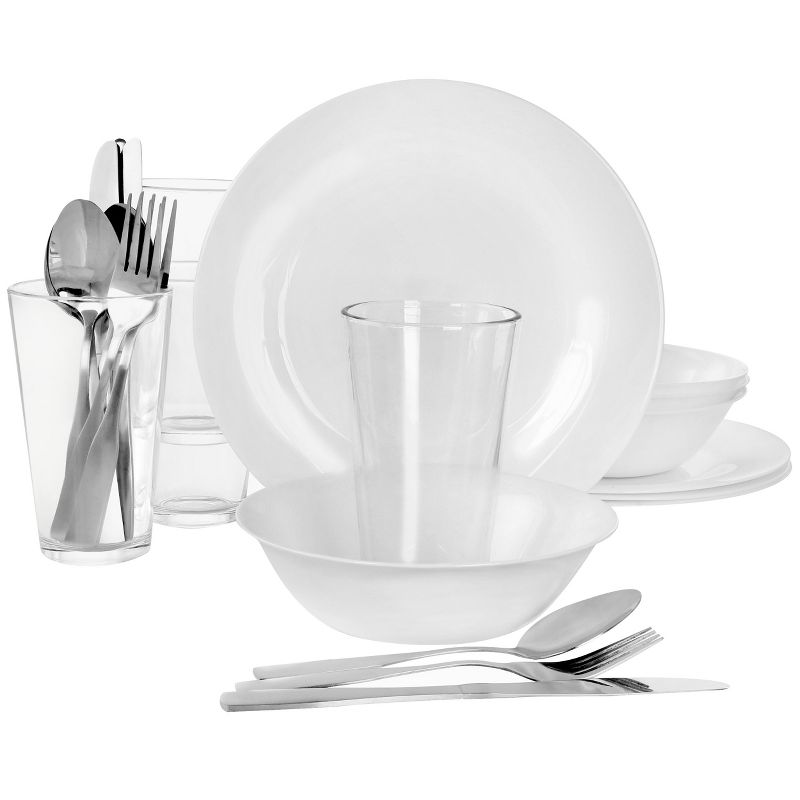 Gibson Ultra Angel Silk 24 Piece Opal Glass Dinnerware and Flatware Combo Set in White, 1 of 10