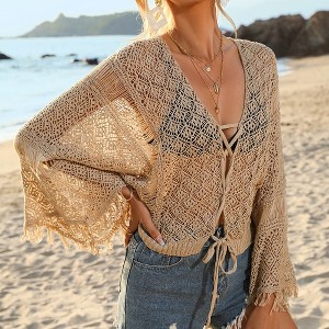 Women's Hollow Out Swimwear Cover Up Fringe V Neck Bell sleeves Crochet Tassel Swimsuit Bathing Suit Beach - 1 of 4