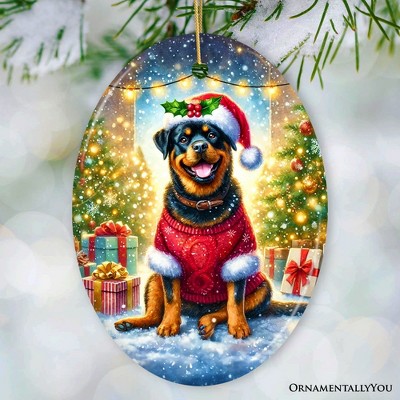 Festive Rottweiler Christmas Ornament in Porcelain Oval