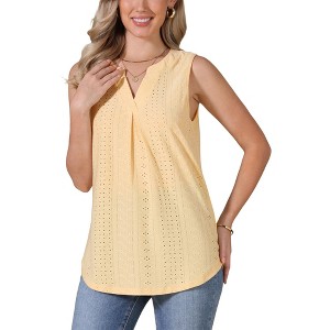 INSPIRE CHIC Women's Summer Eyelet Embroidery Sleeveless V Neck Loose Fit Casual Work Blouses - 1 of 4