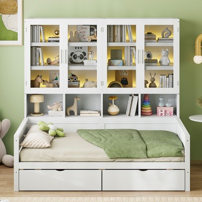 Twin/Full Size Wooden Daybed with Glass-Door Storage Cabinets, Built-in LED Lighting, Drawers and Open Shelves, White/Gray-ModernLuxe