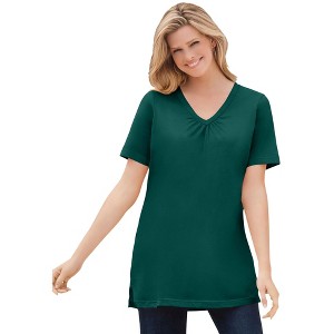 Woman Within Plus Size Perfect Short-Sleeve Shirred V-Neck Tunic - 1 of 4