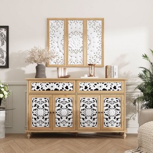 FUFU&GAGA Rustic Buffet Sideboard Pantry Cabinet with Floral Carved Doors, Metal Hardware, and Bonus Hanging Artwork - 1 of 4