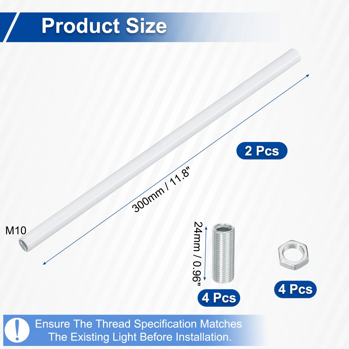 Unique Bargains Indoor Electroplated Iron Threaded Extension Rod Lighting Fixture Downrods White M10 x 11.8" 2 Sets - thumbnail 2
