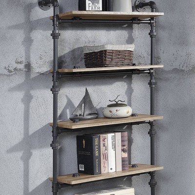 59" Industrial Oak and Black Wall-Mounted Bookshelf
