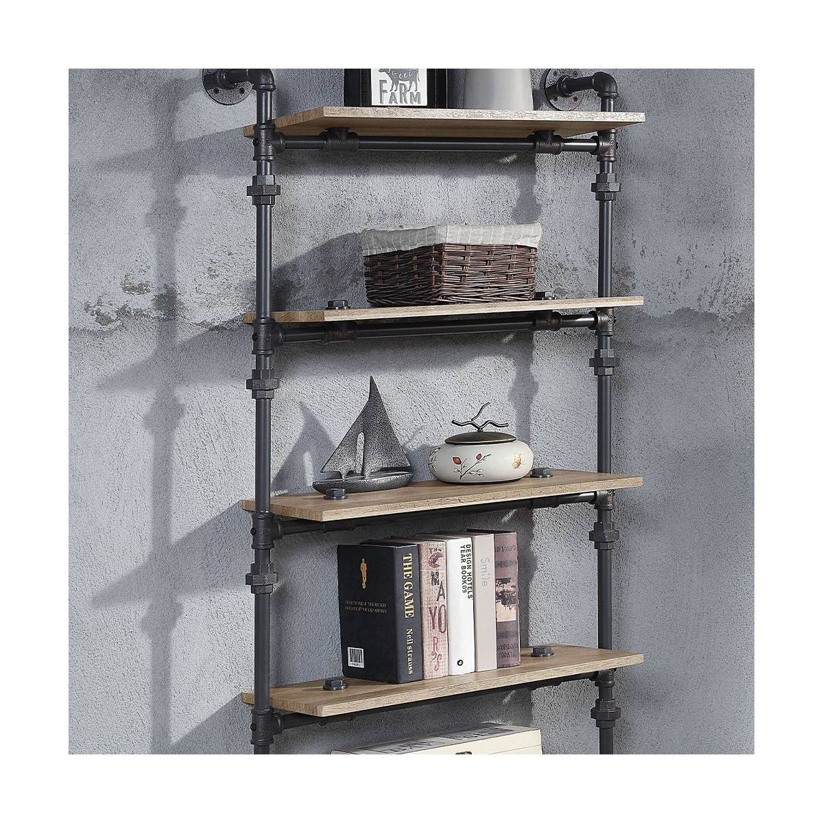 59" Brantley Decorative Bookshelf Oak and Sandy Black Finish - Acme Furniture: 5-Tier, Metal Frame, Open Shelving Unit, No Tools Assembly - thumbnail 5