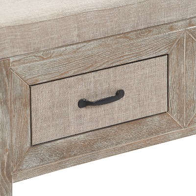 Weathered Ash Cottage-Inspired Upholstered Storage Bench with Black Metal Accents