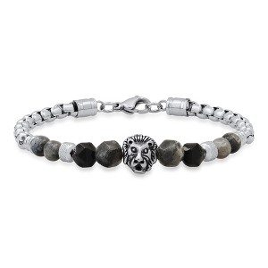 Steeltime Men's Stainless Steel Curb Chain Link Bracelet And Black/gray Agate Stones With Lion Charm - 1 of 4
