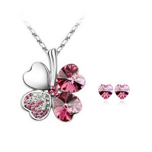 Lucky Sweethearts Gold Plated Crystal Heart Shaped Four Leaf Clover Pendant Necklace and Earrings Jewelry Set - 1 of 1