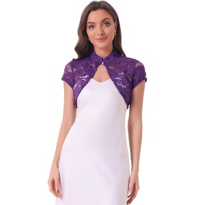INSPIRE CHIC Women's Lace Stand Collar Pearl Button Short Sleeve Cropped Shrug - 1 of 4