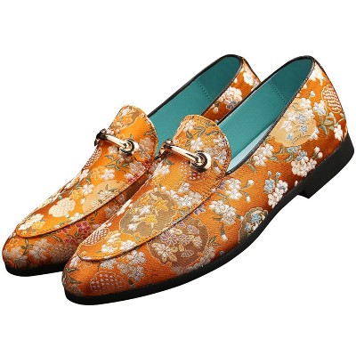 Santimon Men's Floral Brocade Loafers with Gold Buckle Stylish Slip-on Dress Shoes Orange