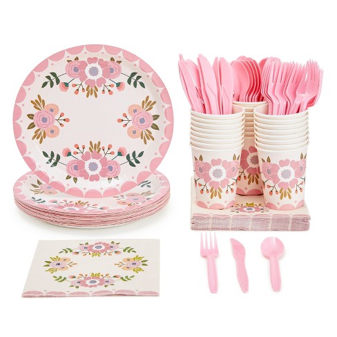 Details about   Pink Floral Party Supplies Cups And Plastic Cutlery 24, Napkins Paper Plates 