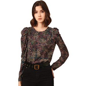 INSPIRE CHIC Women's Retro Puff Long Sleeve Round Neck Puffy Chiffon Blouse Tops - 1 of 4