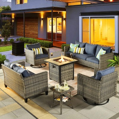 XIZZI 6 Pieces Patio Furniture Set with Square Fire Pit Table Swivel Rocking Chairs Loveseat Outdoor High Back Wicker Rattan Conversation Set