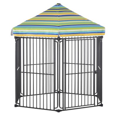 PawHut Heavy-Duty Metal Outdoor Pet Kennel with Striped Roof