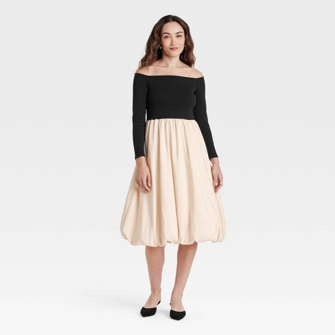 Women's Long Sleeve Midi A-Line Dress - A New Day™ Black/Cream - image 1 of 3