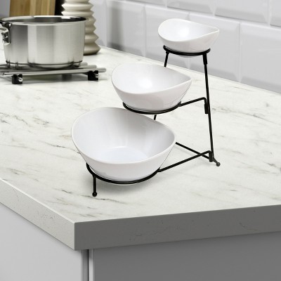 White Ceramic 3-Tier Bowl Server Set with Black Metal Stand
