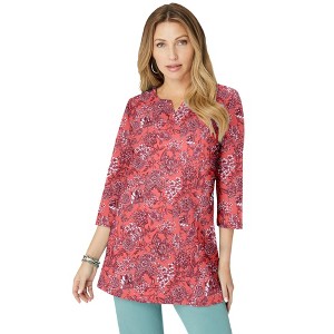 Roaman's Women's Plus Size Three Quarter Notch Neck Soft Knit Tunic - 1 of 4