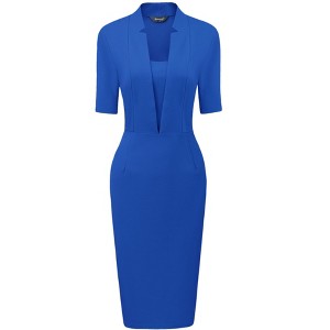Allegra K Women's V Neck Short Sleeve Work Office Bodycon Midi Sheath Dress - 1 of 4