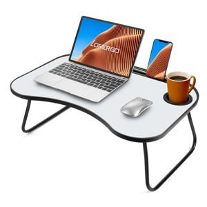 Portable Laptop Desk, Gray and White Matte Metal and Wood Construction, Foldable Design with Cup Holder, 26.5 x 18.5 Inches, for Bed, Car, Couch, Home - 1 of 4