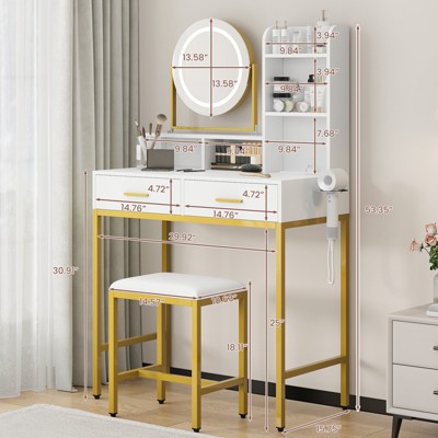 Makeup Vanity Table with Rotating Mirror, Power Outlet & USB Ports, White Dressing Desk with Shelves, 2 Drawers, Stool