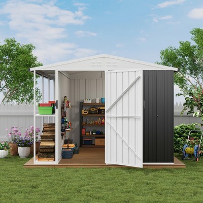 8x10 FT Heavy-Duty Metal Storage Shed - Outdoor Galvanized Steel Garden Shed with Lockable Doors & Firewood Shelf