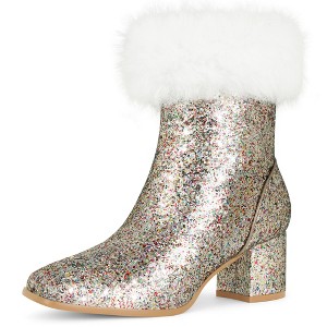BLISSFUL STEP Women's Faux Fur Glitter Square Toe Chunky Heel Ankle Boots - 1 of 4