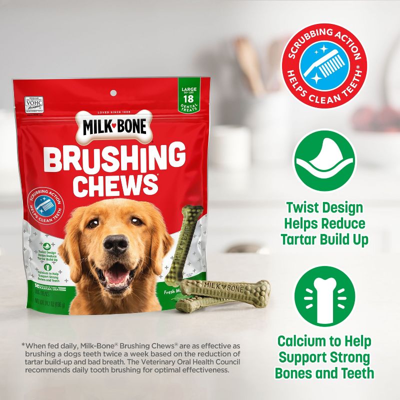 Milk-Bone Brushing Chews Daily Chicken Dental Dog Treats, Fresh Breath, Large with Peppermint Flavor - 24.2oz/18 bones, 4 of 11