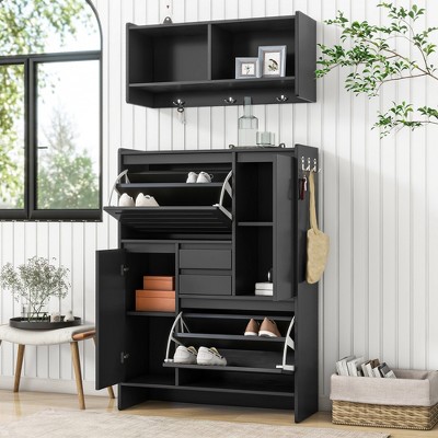 Multi-Functional Shoe Cabinet with Wall Cabinet, Foyer Cabinet with 2 Flip Drawers, Versatile Side Cabinet for Hallway, 4A -ModernLuxe