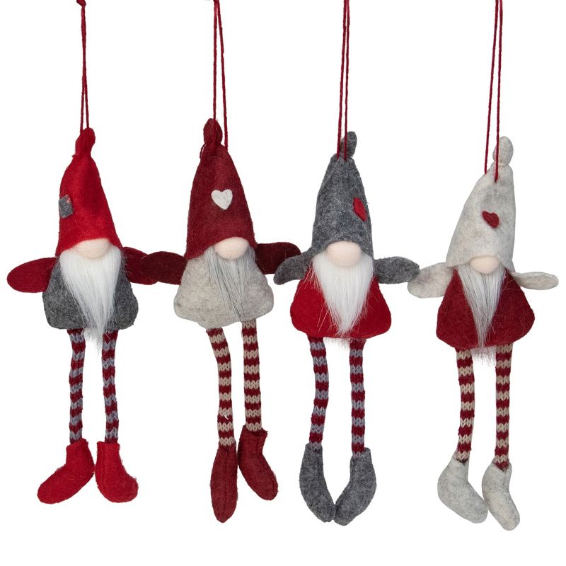 Northlight Set of 4 Red and Gray Plush Gnome Christmas Ornaments 9", 1 of 6
