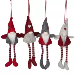 Northlight Set of 4 Red and Gray Plush Gnome Christmas Ornaments 8"