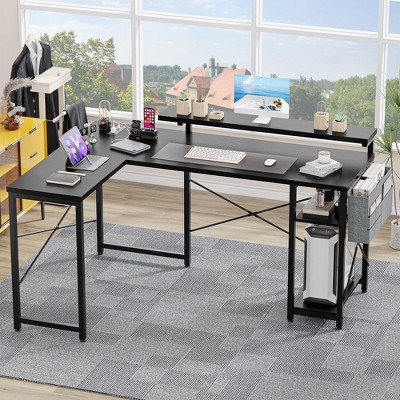 Whizmax L Shaped Computer Gaming Desk with Power Outlet & LED Light, Reversible Office Computer Desk, Corner Desk with USB Charging Port & Storage Bag