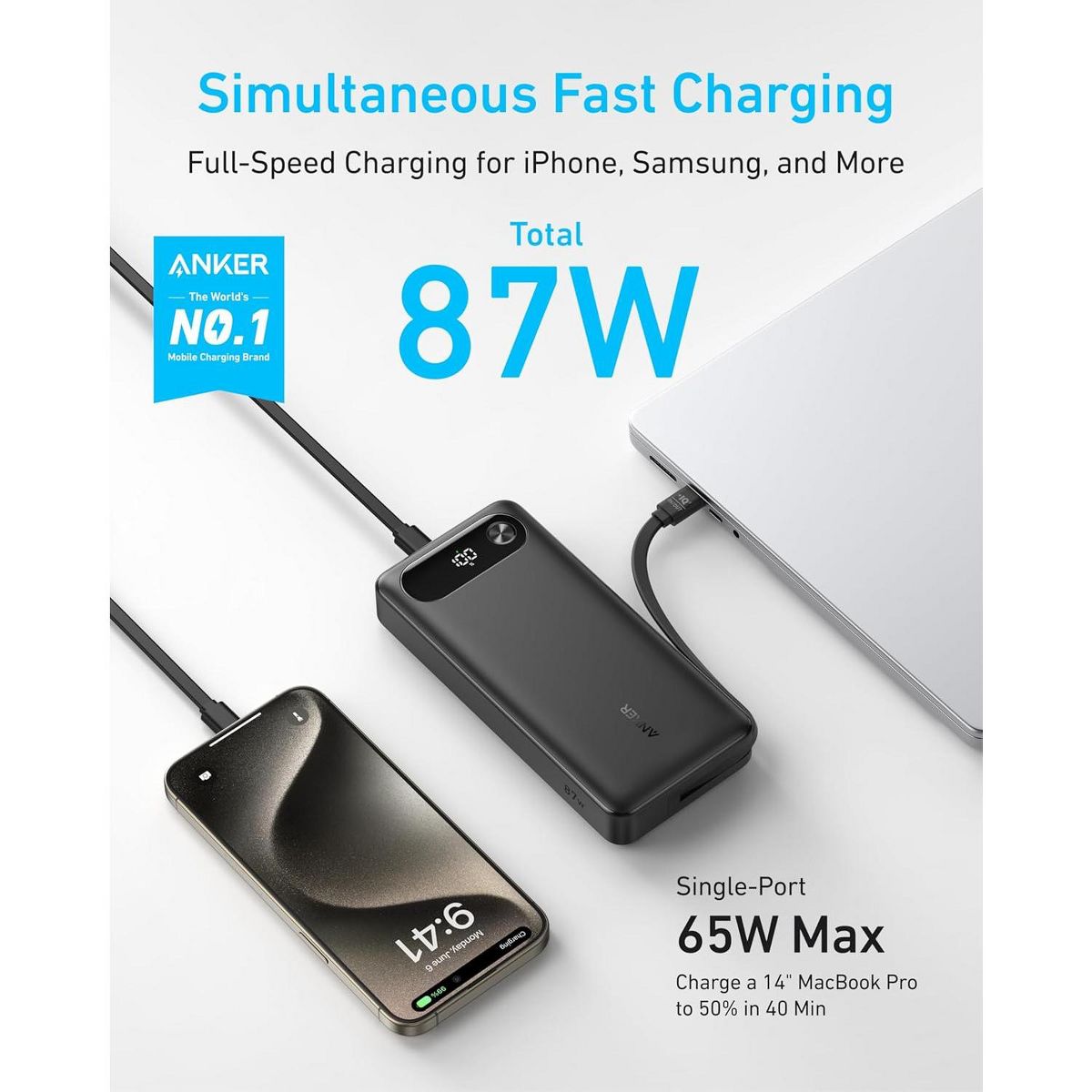 Anker Power Bank, 20,000mAh Travel Essential Portable Charger with Built-in USB-C Cable, 3-Port 87W Max Fast Charging Battery Pack - thumbnail 2