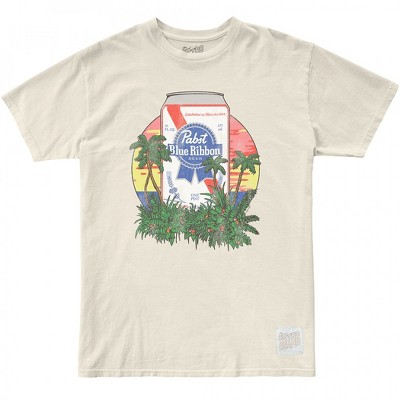 Mens Pabst Blue Ribbon Can with Tropical Sunset Vintage Style T-Shirt