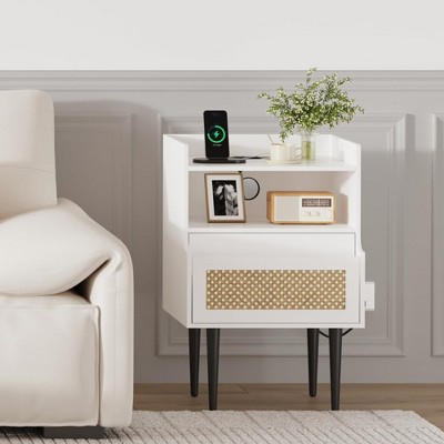Rattan Nightstand Set of 2, Side Table with Charging Station, Drawer and 2 Open Storage Shelves for Bedroom, Dorm and Small Spaces, White