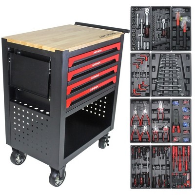 Rolling Tool Cart With 4-Drawers Wooden Top Wheels Locking System Multifunctional Metal Tool Trolley For Garage Warehouse Repair Shop