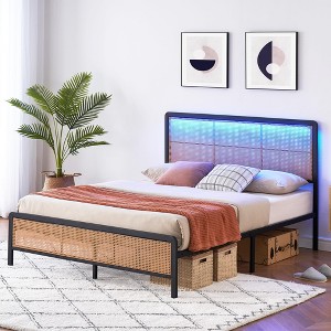 homfan Rattan Bed - LED Headboard, Steel Slat Support, Heavy Duty Frame, No Box Spring - Boho - 1 of 4