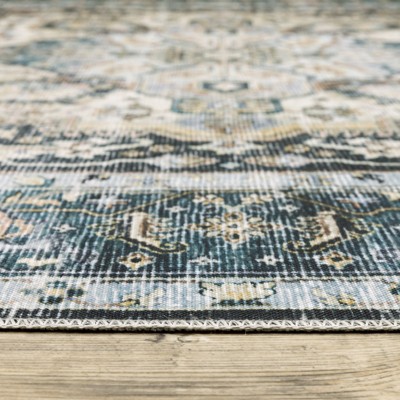 Charleston Blue and Ivory Washable Polyester 8x10 Area Rug