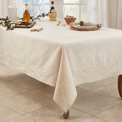 Natural Linen Blend Embroidered Swirl Tablecloth, 67" x 120"