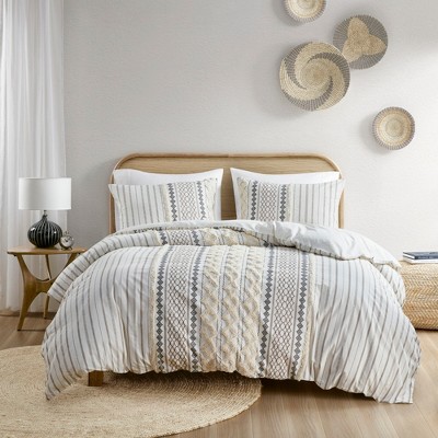 3Pcs Boho Style Duvet Set, Chenille Tufted Geometric Printed Bedding Set, 100% Cotton Bed Set with Matching Shams
