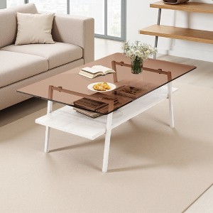 35.43" Glass Oval Coffee Table with Oak Legs - 1 of 4