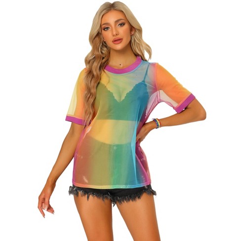 Allegra K Women s Mesh Short Sleeve Cover Up See Through Sheer Tops Pink Rainbow Small Target