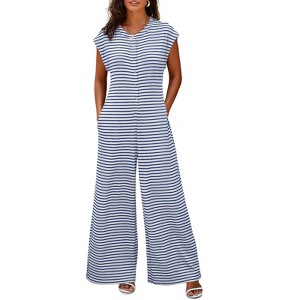 Imily Bela Womens Comfortable Summer Striped Short Sleeve Wide Leg Jumpsuit with Buttons Pockets for Beach Everyday - 1 of 4