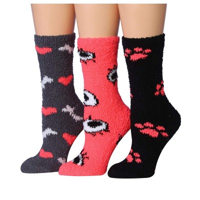 Tipi Toe Women's 3-Pairs Cozy Microfiber Anti-Skid Soft Heart Eye Paws Patterned Fuzzy Crew Socks