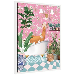 Kate & Laurel All Things Decor 18"x24" Sylvie Maximalist Llama Bath Framed Canvas by Honey Island Studio White - 1 of 4