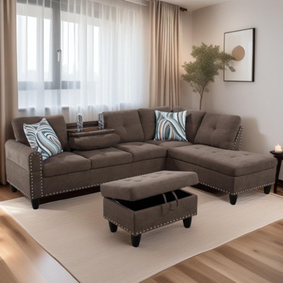 GlasFlength Sectional Sofas with Ottoman, Modern Large Modular Sectional Couch for Living Room, L Shape Upholstered Couch, Brown, Length 97.5"