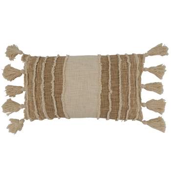 Saro Lifestyle Striped Tassel Pillow - Poly Filled, 12"x20" Oblong, Ivory