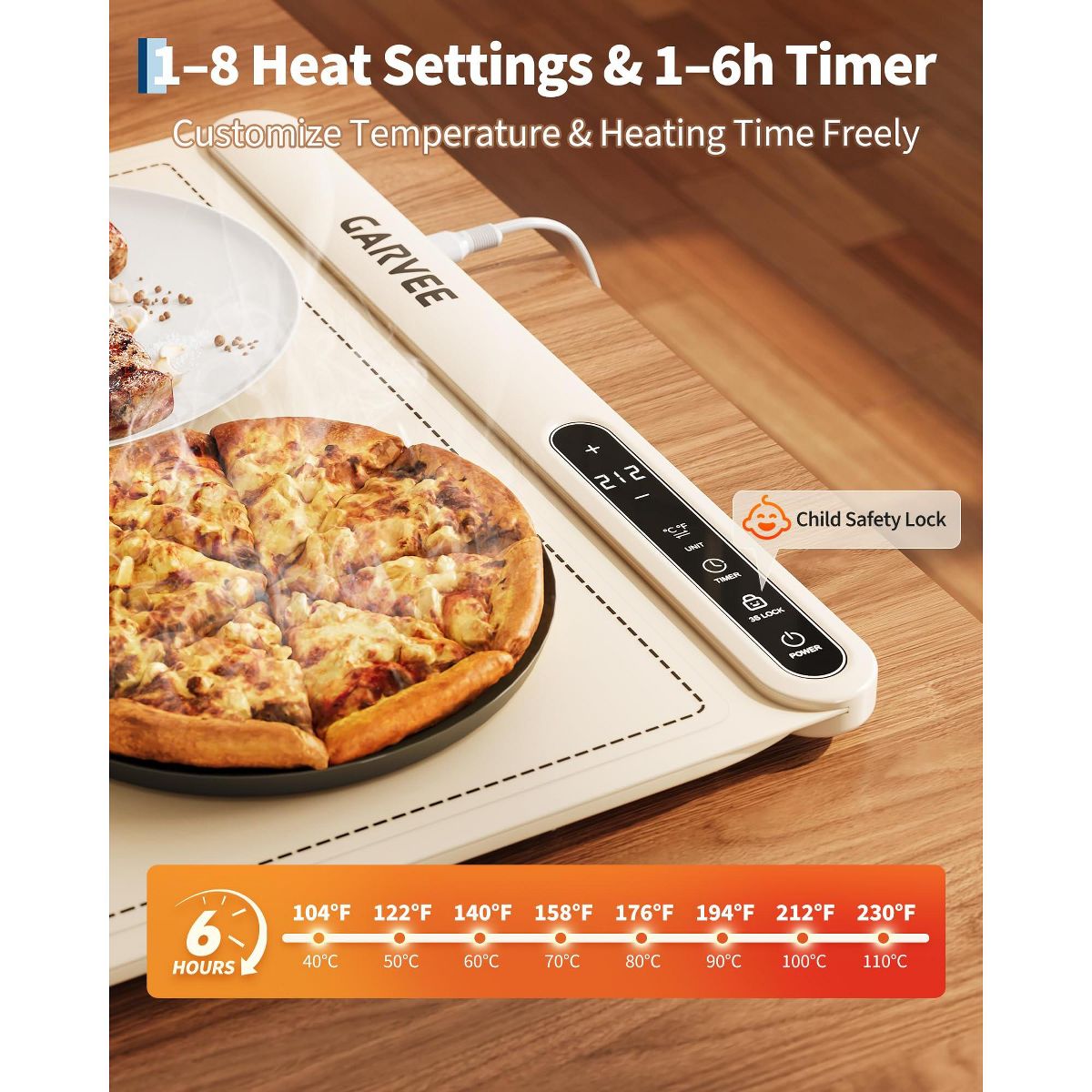 25x16 Inch Silicone Electric Food Warming Mat with 8-Temp Control & Auto Shut-Off, 500W Countertop Buffet Warmer for Parties & Home - thumbnail 7