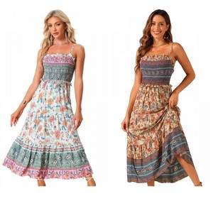 INSPIRE CHIC Women's Summer Spaghetti Strap A-Line Flowy Smocked Midi Boho Floral Sundresses 2 Packs - 1 of 4