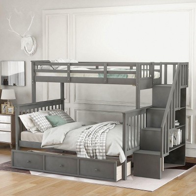Streamdale Stairway Twin-Over-Full Bunk Bed With Drawer, Storage And Guard Rail Gray